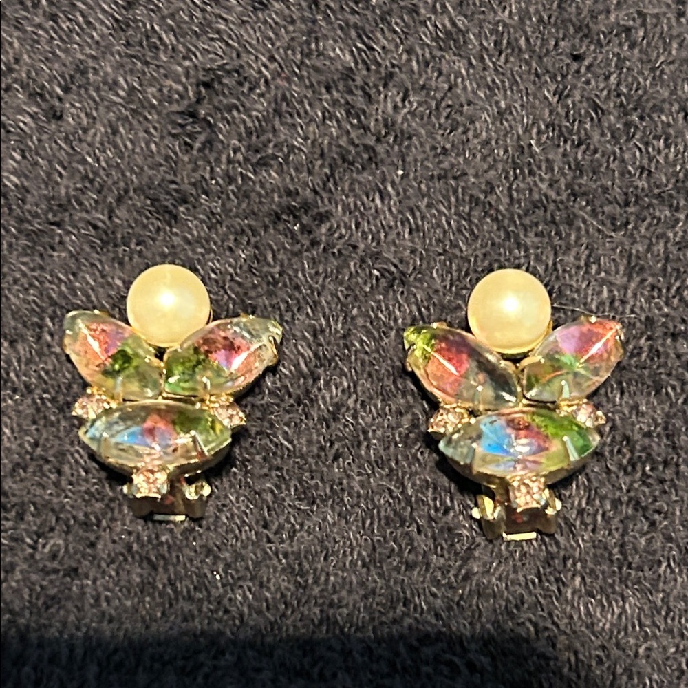 Earrings. Clip On. Gold tone backing and clips. Pearl and unique colored stones